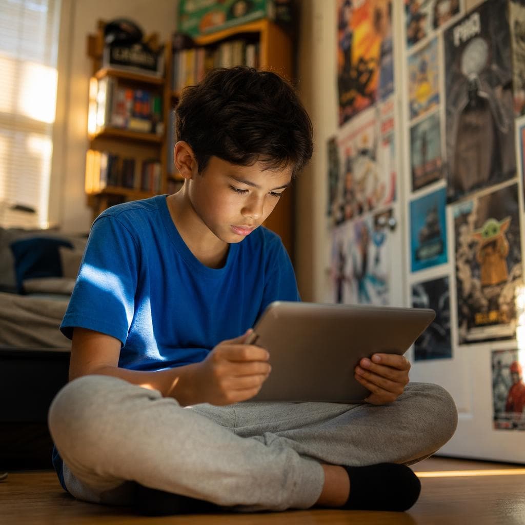 A child using the Glimmers app on a tablet in a bright room