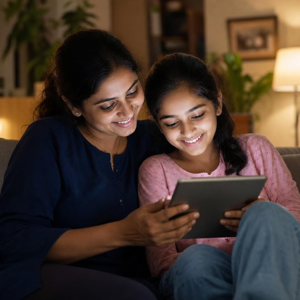 A parent and child looking at a tablet together at home